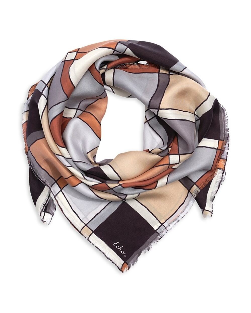 Echo NY Windowpane Square Silk Scarf Gray Beige One Size
